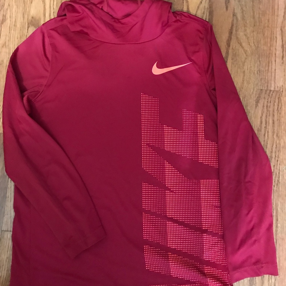 Boys Nike DriFit Shirt Long Sleeve Hood Tee Dark Red